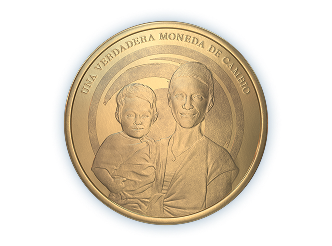 Moneda con el perfil de María Arévalo y Alejandro