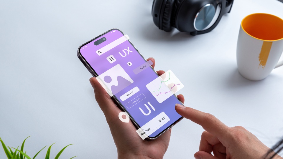 En primer plano una persona utilizando un móvil que muestra en la interfaz elementos UX y UI sobre un fondo morado, y, de fondo, un escritorio con una taza y unos cascos.  