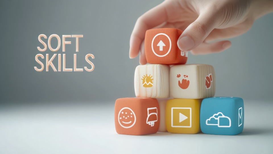 Una mano organiza bloques de madera de colores con iconos: creatividad, inteligencia emocional, resolución de problemas, persuasión, colaboración y adaptabilidad. Las palabras "Soft Skills" aparecen a la izquierda.