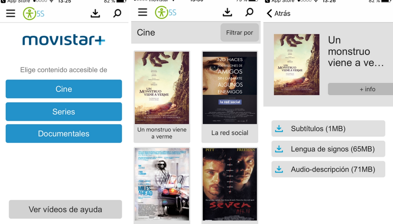Pantallazos de la app Movistar+ 5S para disfrutar de los contenidos accesibles de Movistar+