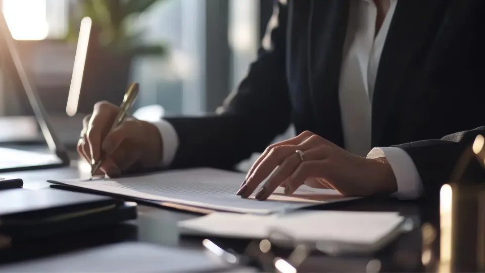 Persona escribiendo y revisando documentos sobre un escritorio en una oficina