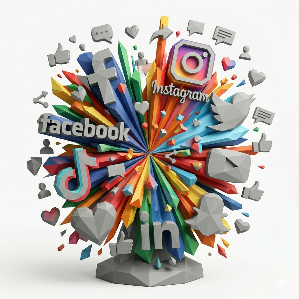: explosión de una gran paleta de colores y símbolos y logotipos de varias redes sociales: LinkedIn, Youtube, Sanapchat, Instagram, TikTok y X
