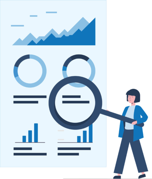 Persona sosteniendo una lupa frente a un panel de datos con gráficos de barras, líneas y diagramas circulares, ilustrando el análisis de comunicación inclusiva.