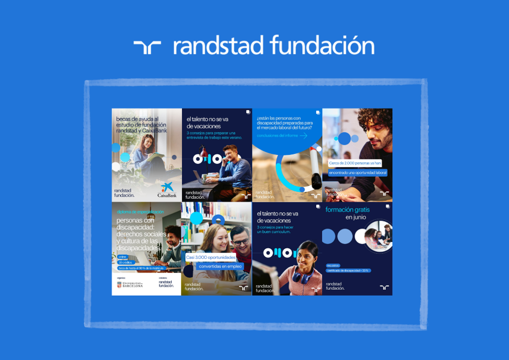 Mosaico de publicaciones de Fundación Randstad en redes sociales sobre becas, discapacidad, desarrollo profesional y orientación laboral, sobre fondo azul corporativo