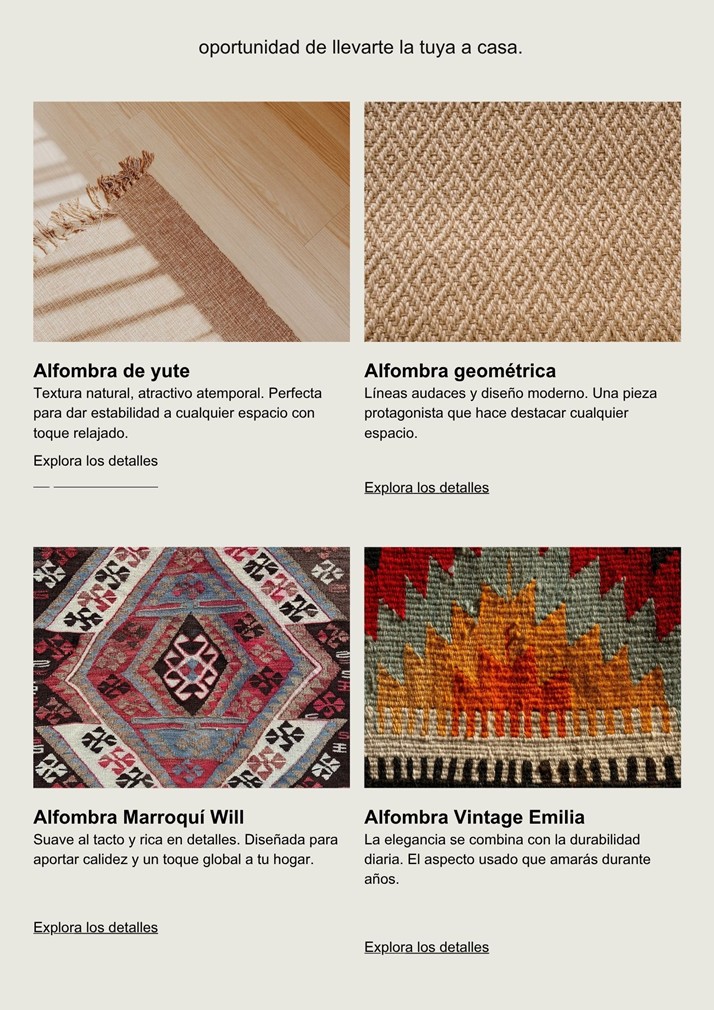 Cuadrícula con cuatro alfombras: yute natural sobre suelo de madera, alfombra beige geométrica, alfombra marroquí multicolor y alfombra vintage en tonos cálidos.