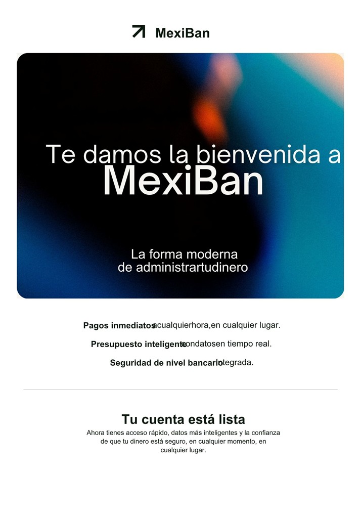 Pantalla de bienvenida de MexiBan con el mensaje “Te damos la bienvenida a MexiBan” y beneficios de banca digital como pagos inmediatos, presupuesto inteligente y seguridad bancaria.
