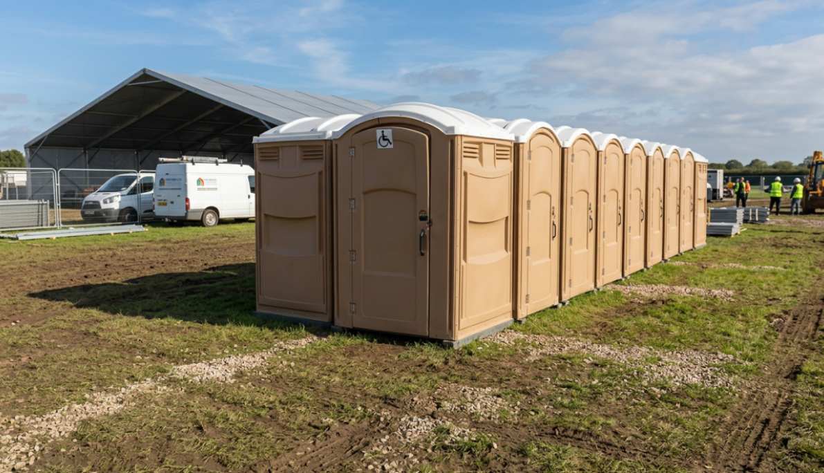 Fila de baños portátiles en un evento al aire libre, con una cabina señalizada como accesible y vehículos al fondo