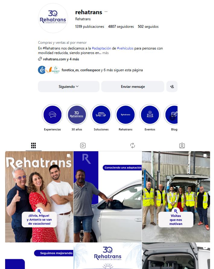 : Perfil de Instagram de Rehatrans con la identidad visual de su 30 aniversario, historias destacadas y publicaciones sobre adaptación de vehículos.