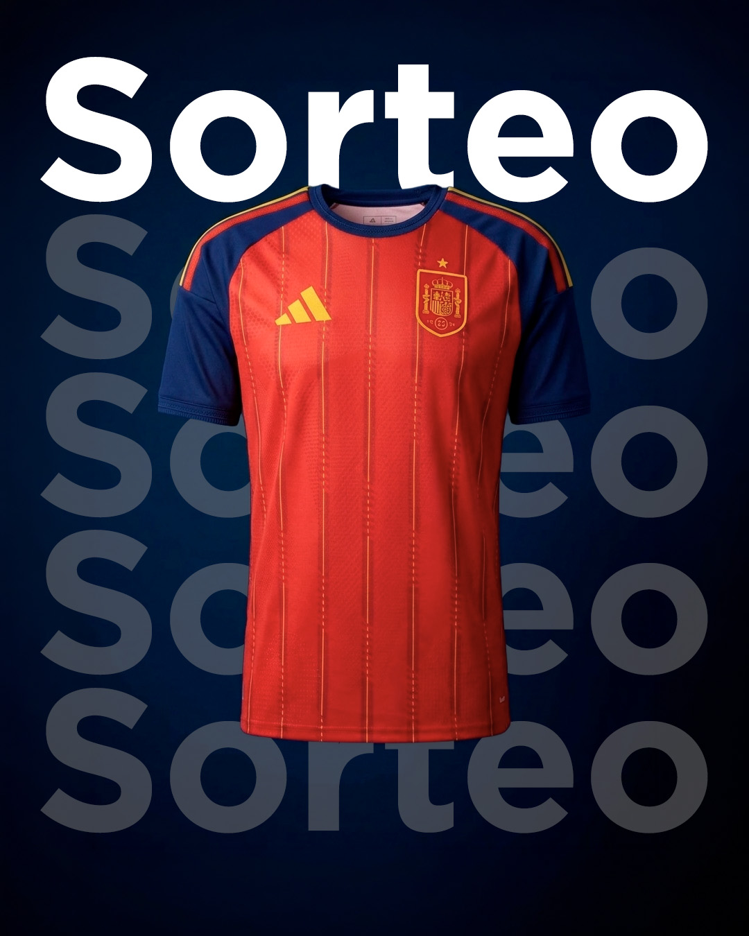 Camiseta roja de la selección española con detalles azules y escudo oficial, sobre fondo azul con el texto “Sorteo