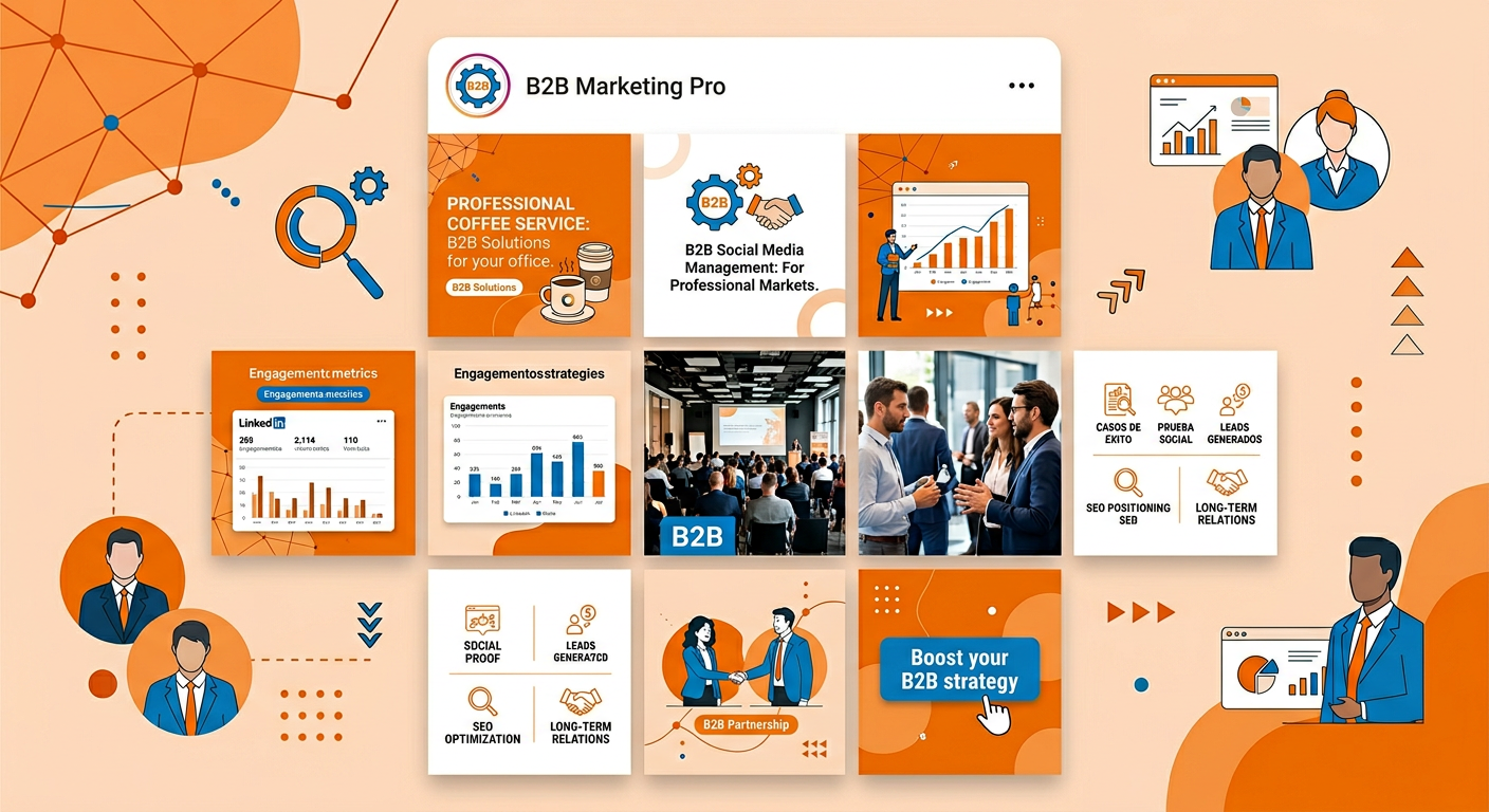 Mosaico de contenidos de marketing B2B con gráficos de rendimiento, métricas de redes sociales, SEO, generación de leads y networking empresarial en tonos naranja y azul.