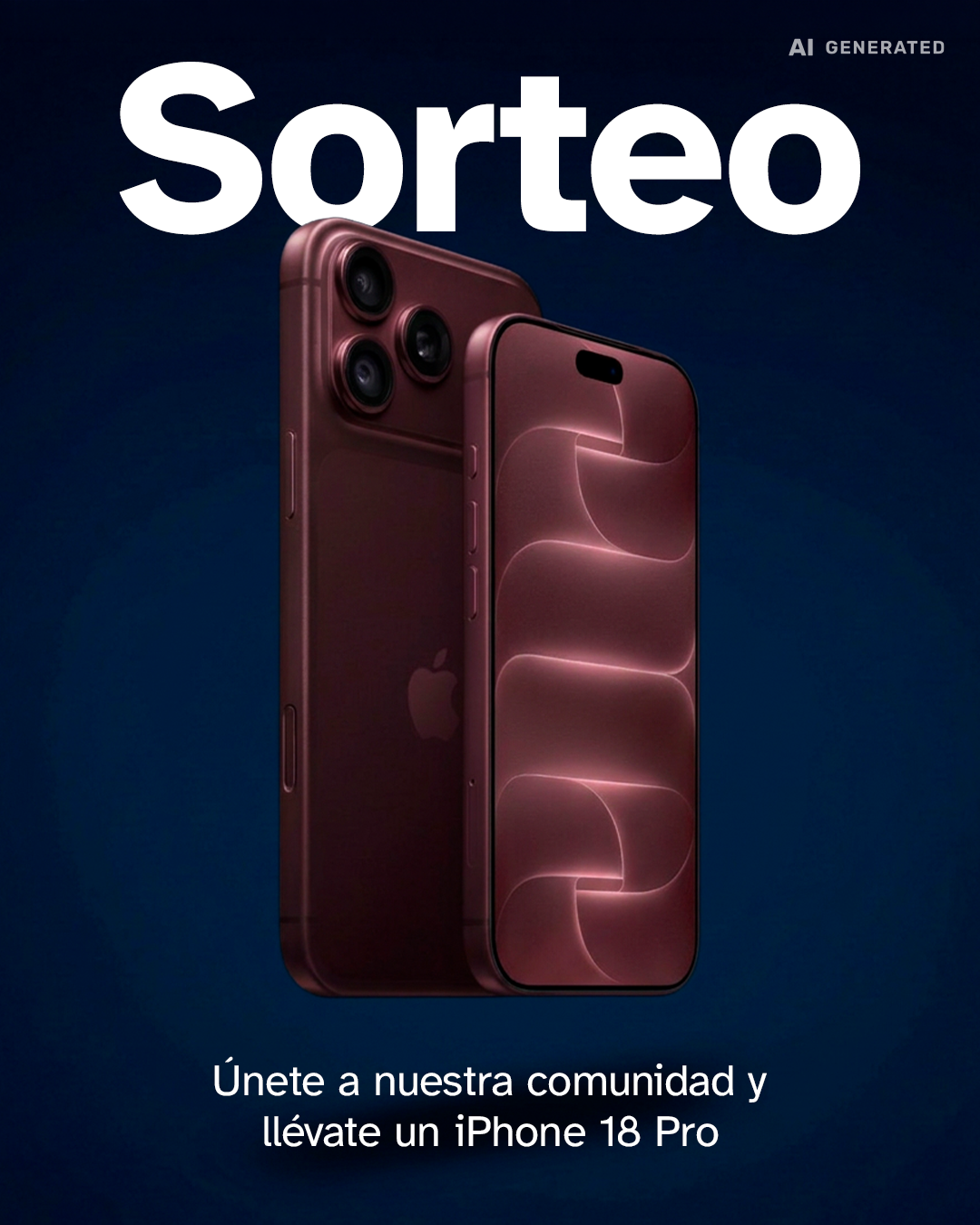 Cartel promocional de un sorteo con fondo degradado en tonos azul oscuro. En el centro aparecen dos teléfonos inteligentes de color granate vistos por delante y por detrás. En la parte superior se lee en letras grandes: “Sorteo”. En la esquina superior derecha aparece el texto “AI GENERATED”. En la parte inferior se muestra el mensaje: “Únete a nuestra comunidad y llévate un iPhone 18 Pro”.