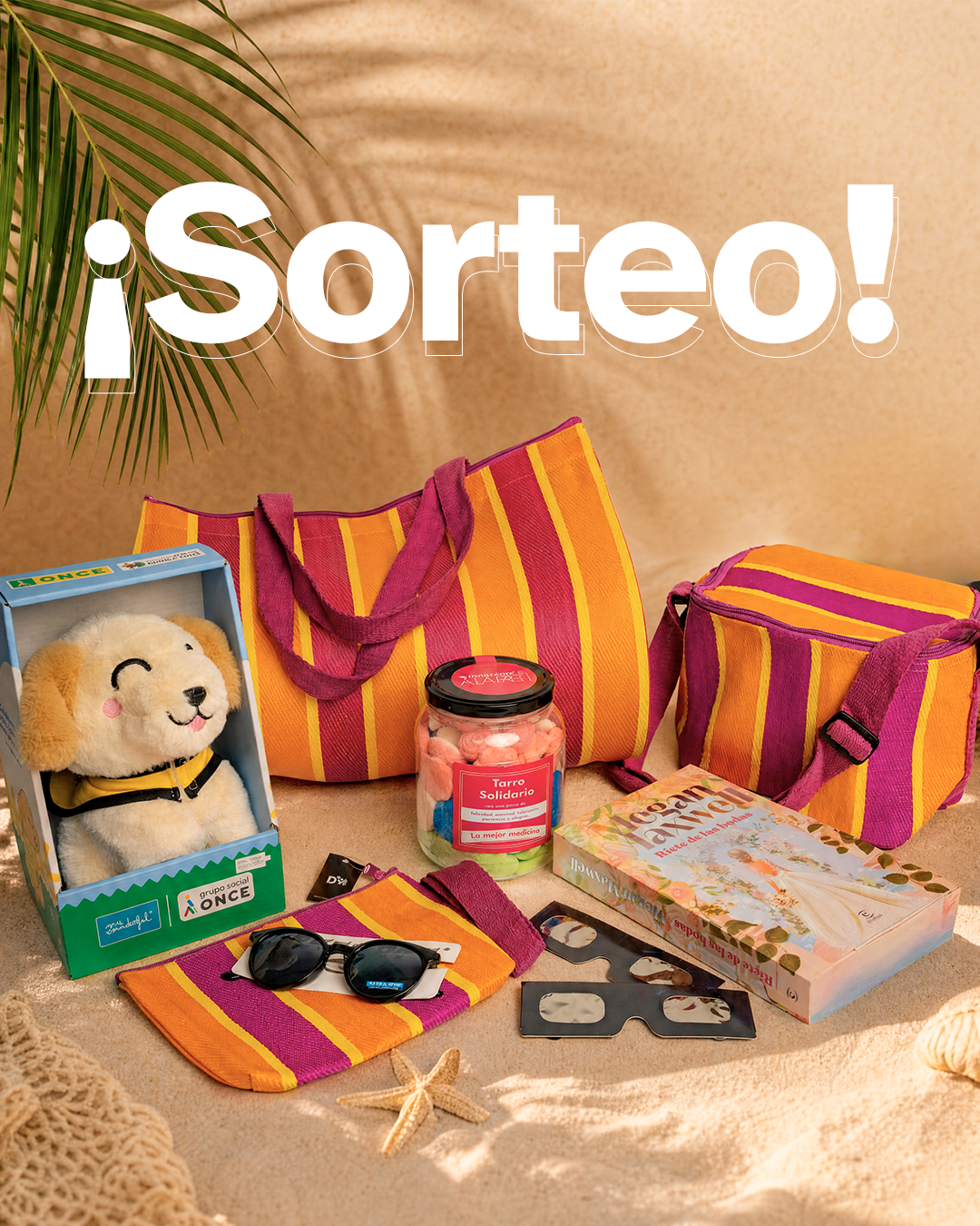“Sorteo de verano con bolsa de playa, nevera portátil, gafas de sol, libro, peluche, tarro solidario y gafas 3D sobre arena