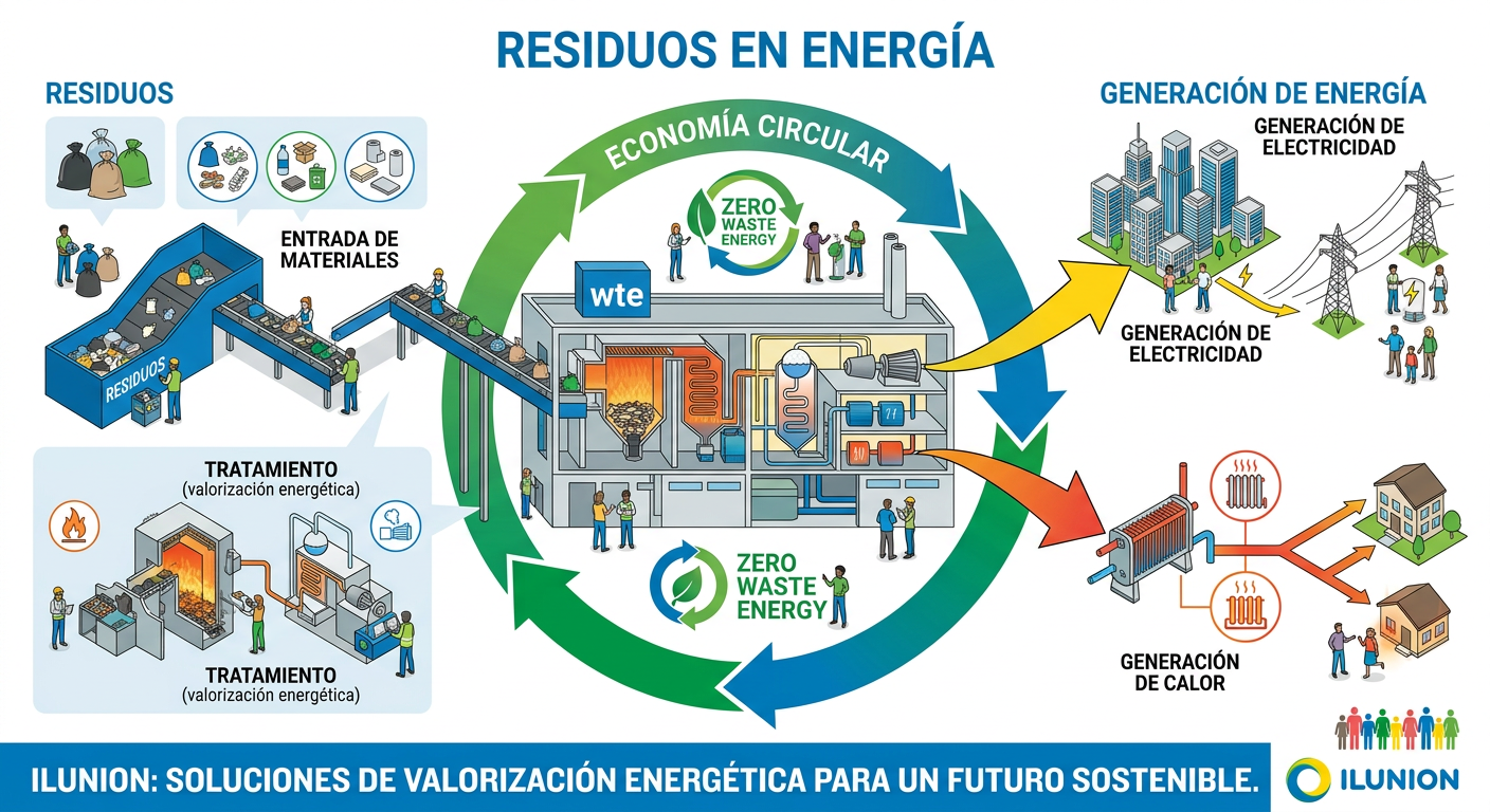 Esquema visual del proceso Waste-to-Energy (WtE) de ILUNION: transformación de residuos en electricidad y calor mediante valorización energética y economía circular