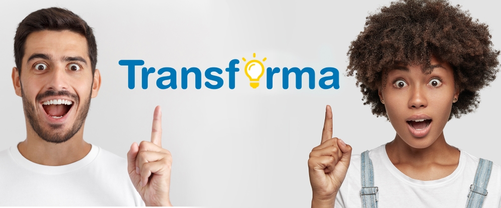 Cabecera de Transforma donde aparecen un chico y una chica con expresión de sorpresa y el texto 'Transforma'