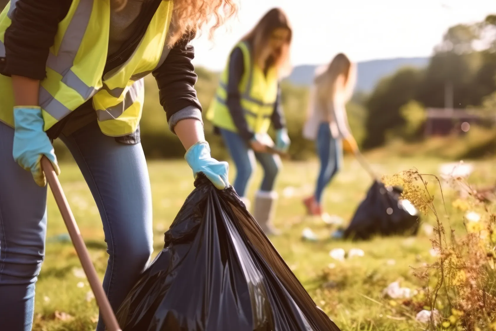 voluntarios medioambientales recogiendo basura en el bosque