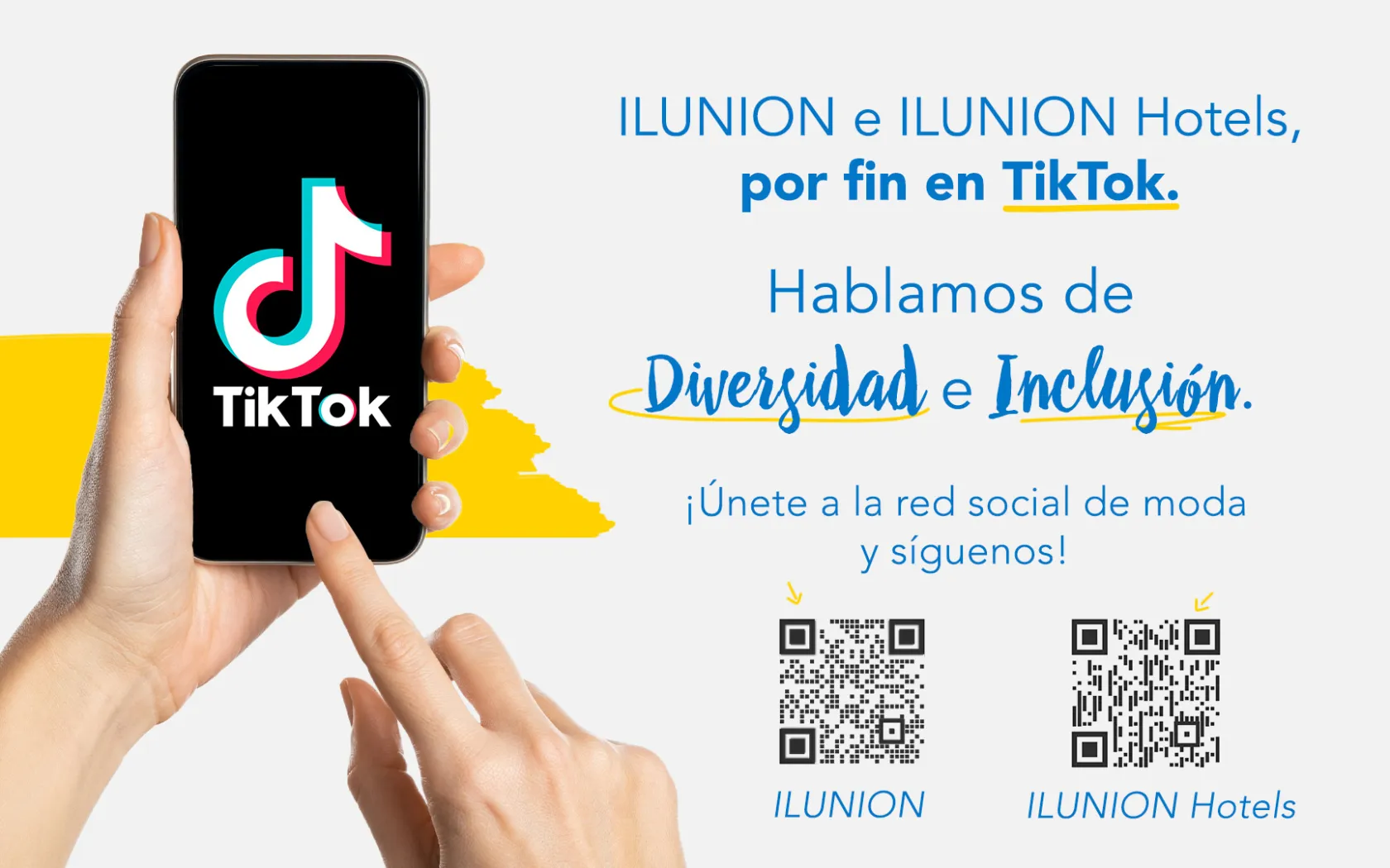 Cartela de TikTok de ILUNION con su código QR y el de ILUNION Hotels