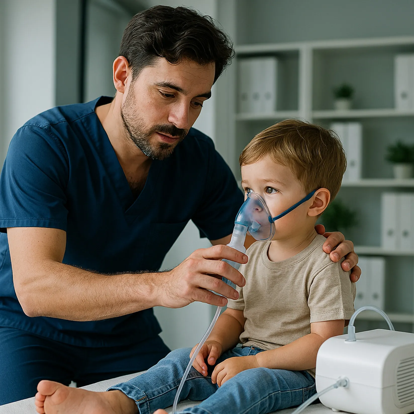 Un fisioterapeuta atiende a un niño con una mascarilla respiratoria