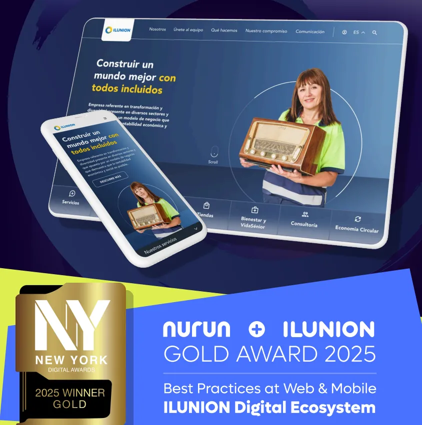 Montaje con un pantallazo de la web de ILUNION y el sello del premio concedido a ILUNION en los NY Digital Awards 2025