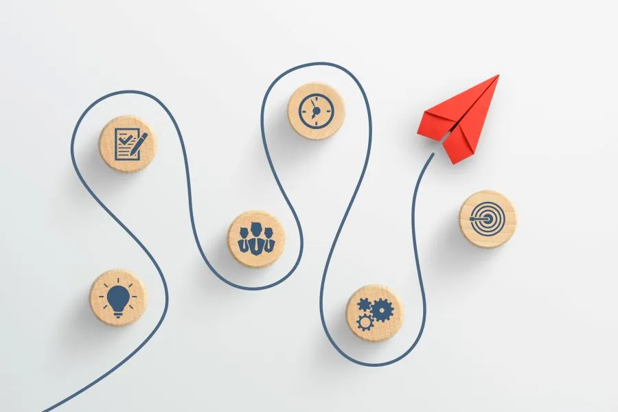 Seis fichas de madera alineadas en un recorrido sinuoso sobre fondo blanco, conectadas por una línea azul que termina en un avión de papel rojo apuntando hacia adelante. Las fichas muestran iconos relacionados con planificación, tiempo, trabajo en equipo, ideas, procesos y objetivos, simbolizando el camino estratégico hacia la meta