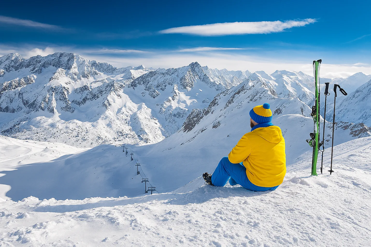Un esquiador, equipado con los colores corporativos de ILUNION, descansa sentado en una cima nevada mientras contempla el horizonte