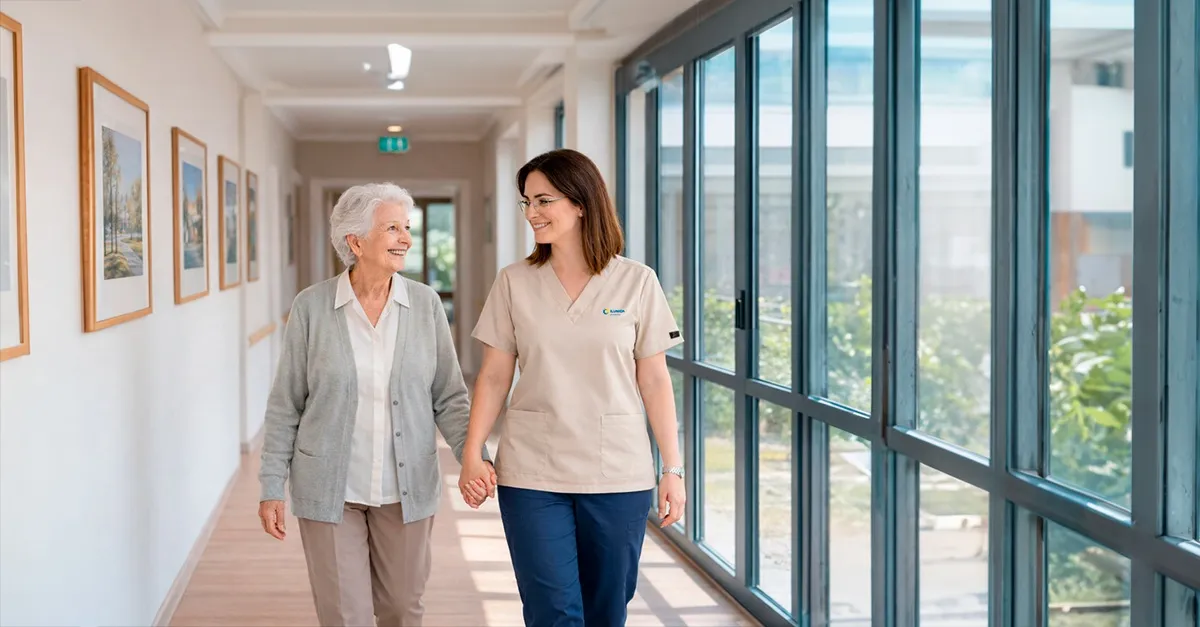 Una mujer mayor camina sonriente por el pasillo de una residencia, junto a una profesional de ILUNION VidaSénior
