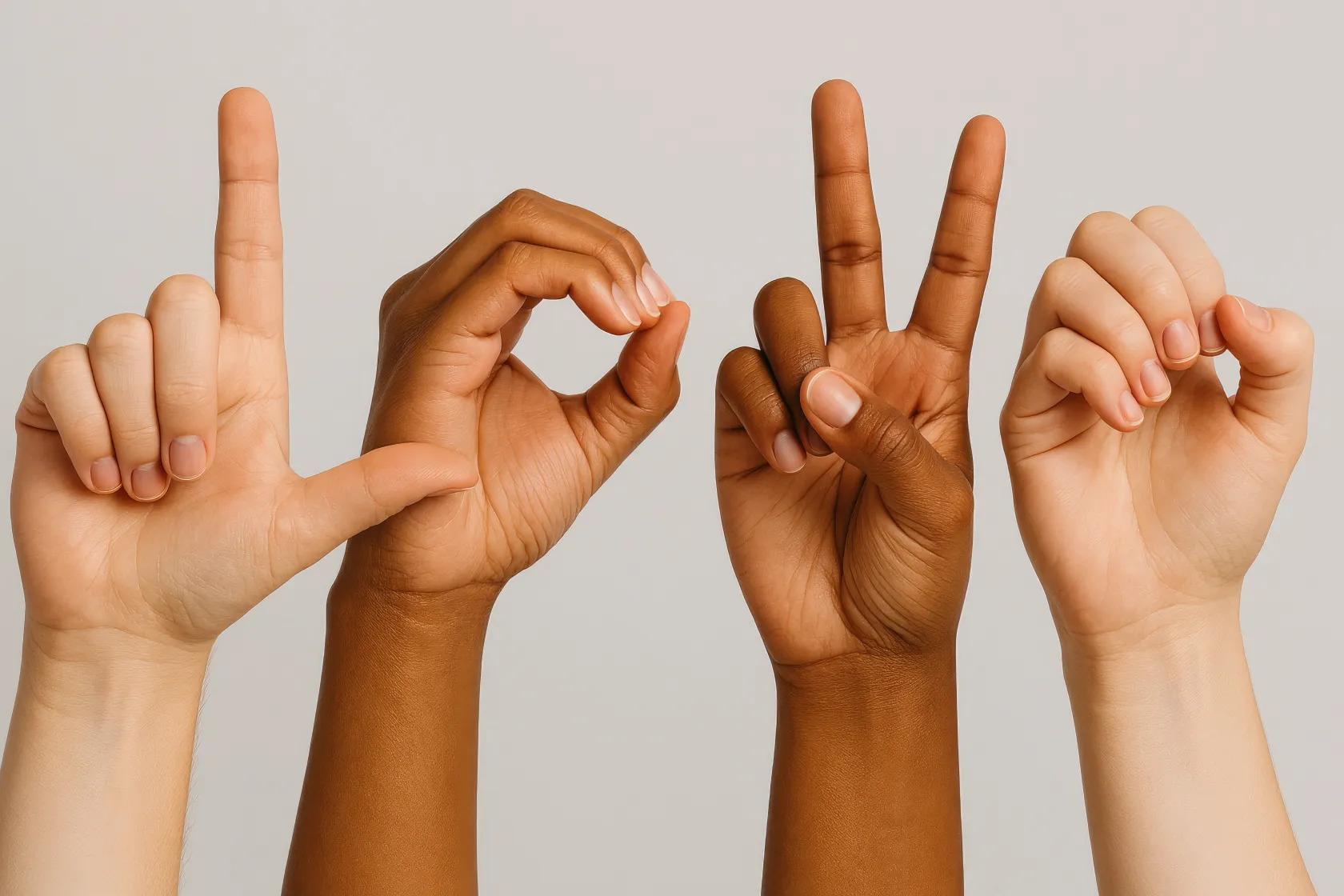 Cuatro manos formando las letras L, O, V y E con los dedos