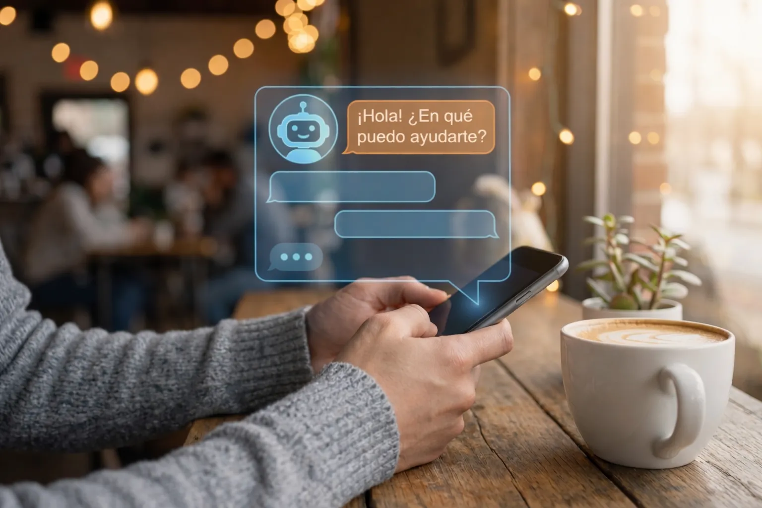 Chat de asistente virtual apareciendo en un móvil mientras una persona lo sostiene en una cafetería; se lee “¡Hola! ¿En qué puedo ayudarte?
