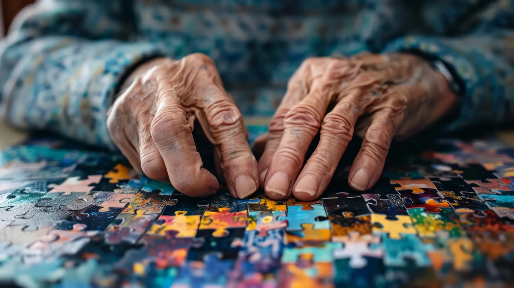 Manos con arrugas colocando piezas de un rompecabezas de colores sobre una mesa.