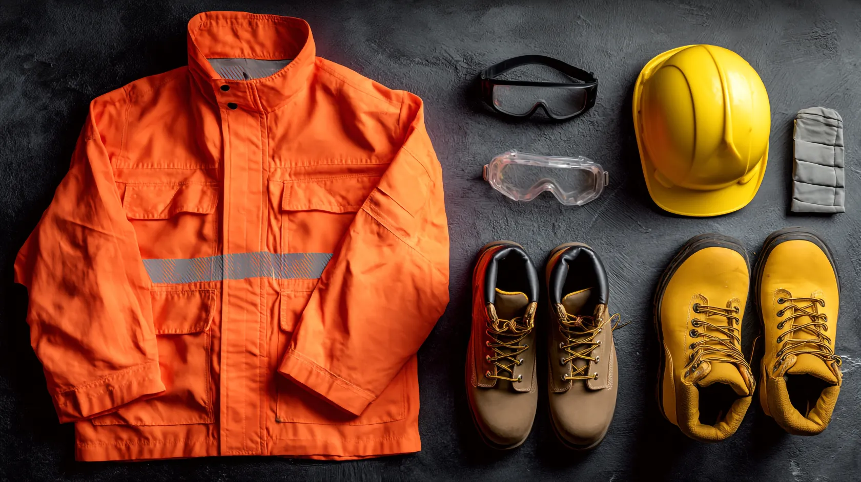 Conjunto de equipos de protección individual: chaqueta naranja reflectante, casco amarillo, gafas de seguridad y botas de trabajo.