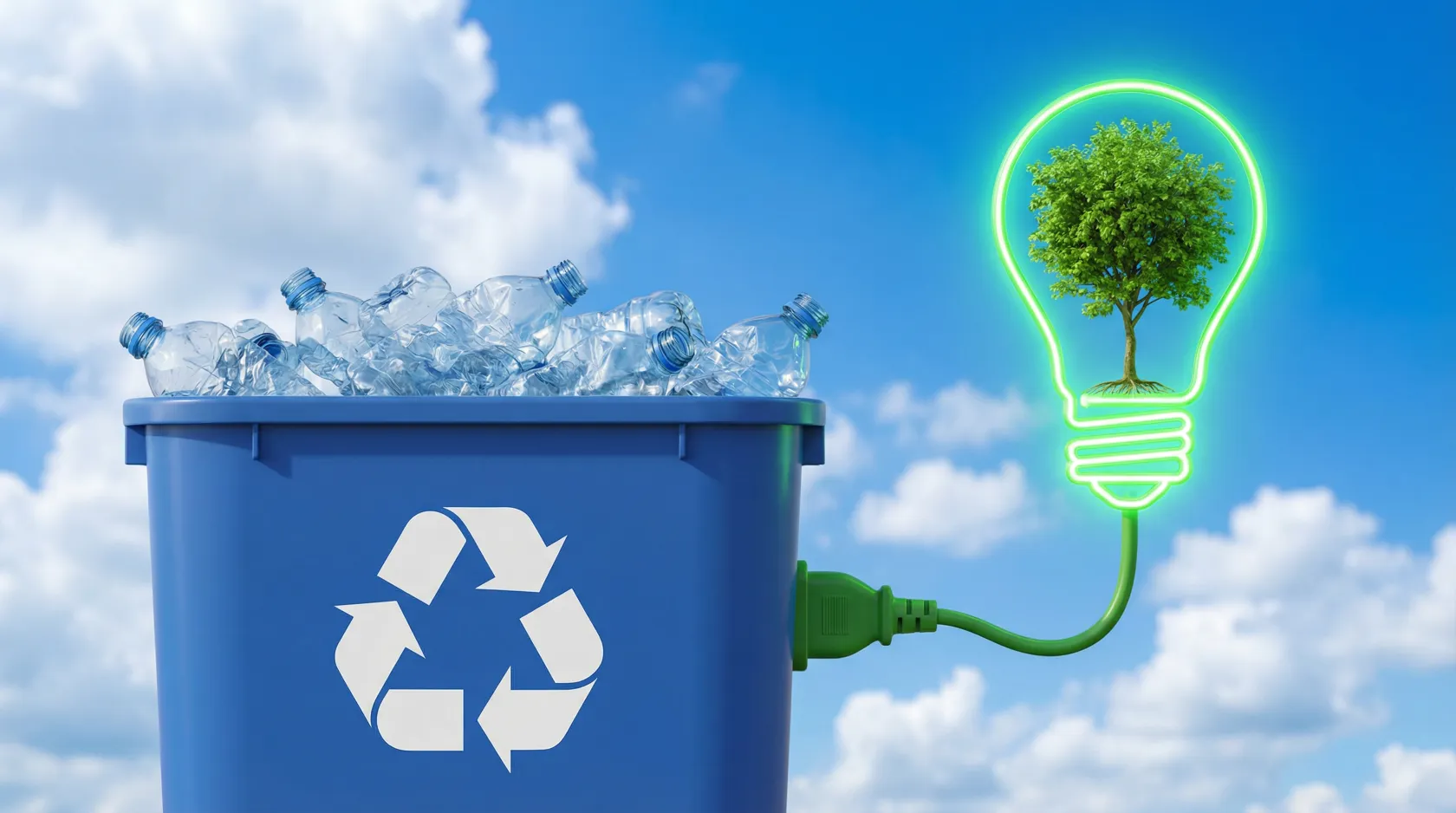 Contenedor azul de reciclaje lleno de botellas de plástico conectado a una bombilla verde con un árbol, símbolo de energía sostenible