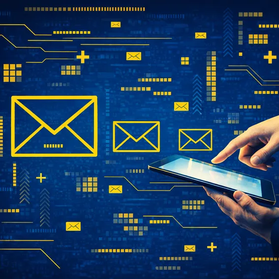 Ilustración digital con iconos de sobres que representan correos electrónicos y una mano interactuando con una tableta, sobre un fondo tecnológico azul.