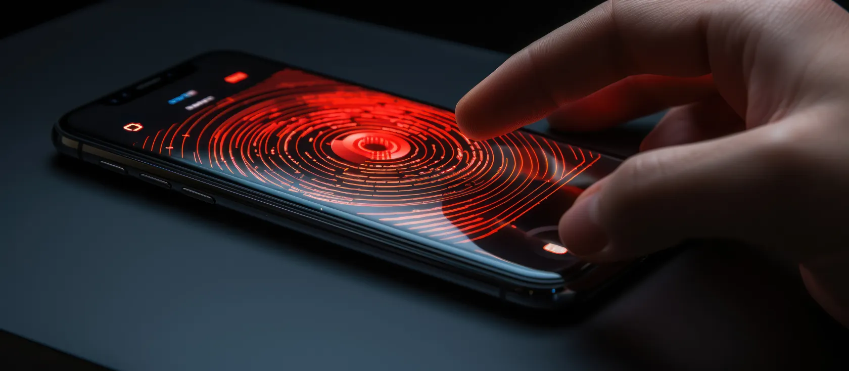 Dedo tocando la pantalla de un smartphone con un gráfico rojo de huella dactilar, indicando autenticación biométrica.