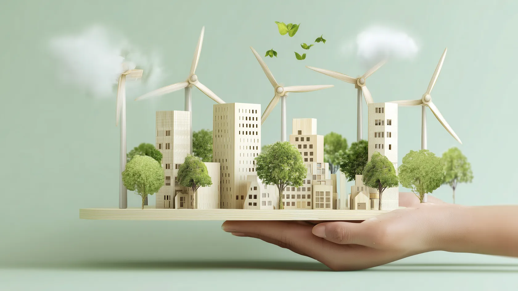 Imagen informativa que simboliza sostenibilidad urbana y energías renovables en una ciudad ecológica.