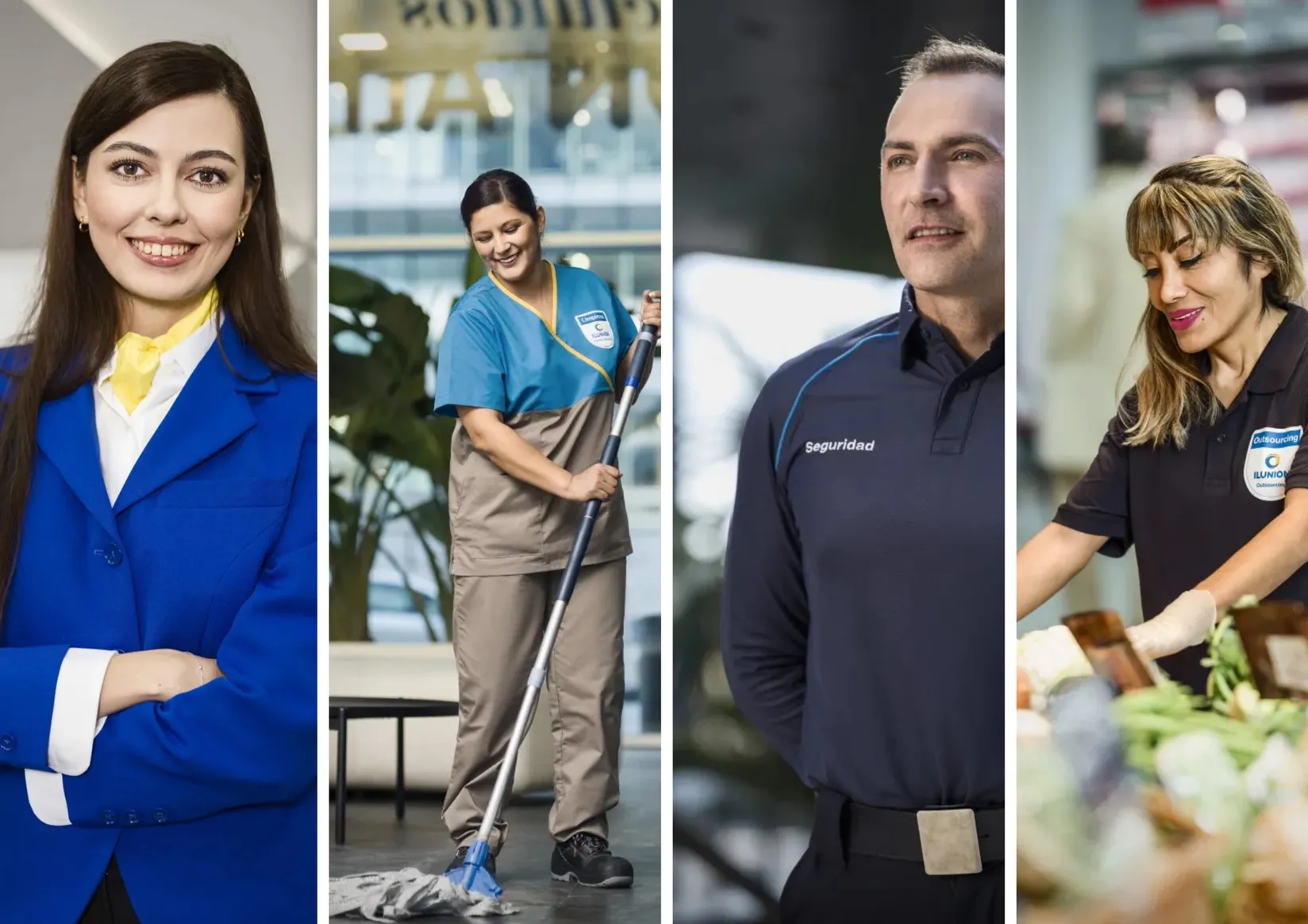 Collage de cuatro fotografías de una recepcionista, una limpiadora, un vigilante de seguridad y una reponedora 