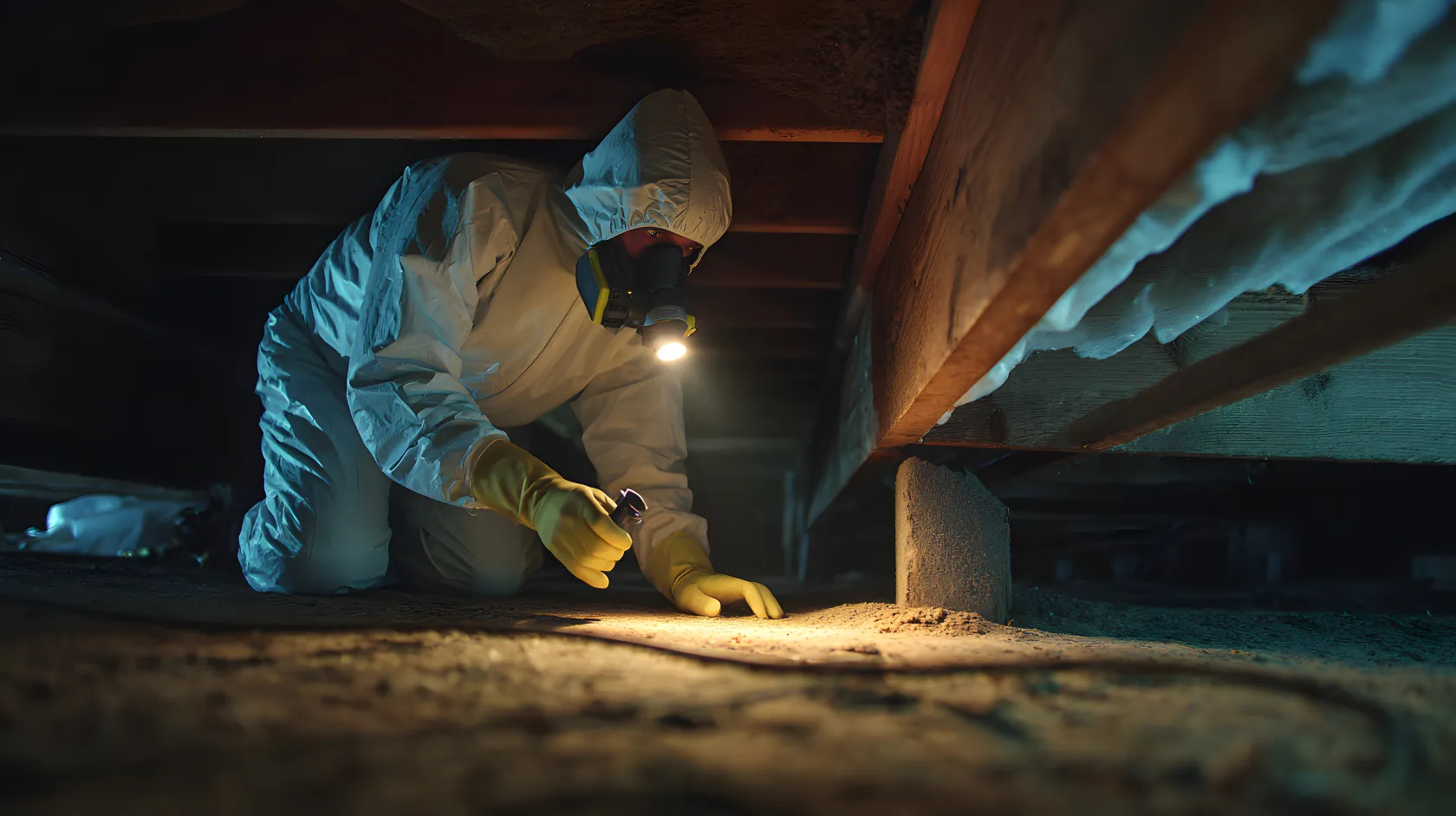 Funcionario con traje de protección y mascarilla inspecciona el suelo con linterna en un espacio bajo un edificio