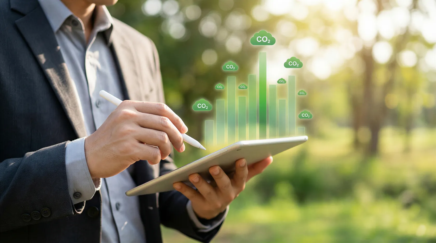 Persona utilizando un lápiz digital sobre una tableta en un entorno natural. Sobre la pantalla aparecen gráficos de barras verdes y varios iconos con la inscripción “CO₂”, representando la medición o gestión de emisiones de carbono y la sostenibilidad ambiental mediante herramientas digitales. Al fondo se observan árboles desenfocados e iluminación natural.