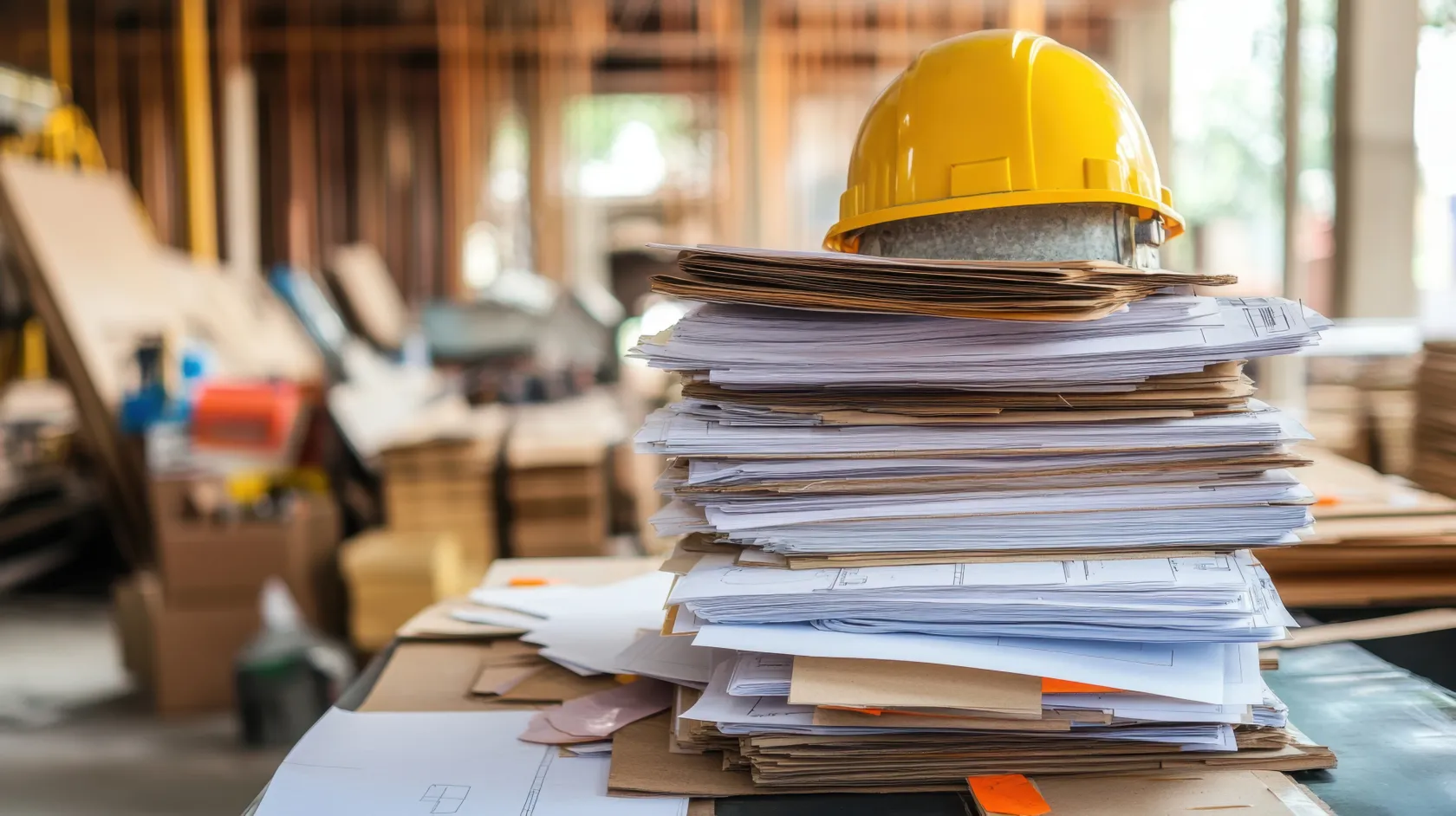 Casco de seguridad amarillo apoyado sobre una pila de documentos y planos en una mesa de trabajo, con un espacio de oficina o taller desenfocado al fondo.  Proporcione sus comentarios sobre BizChat