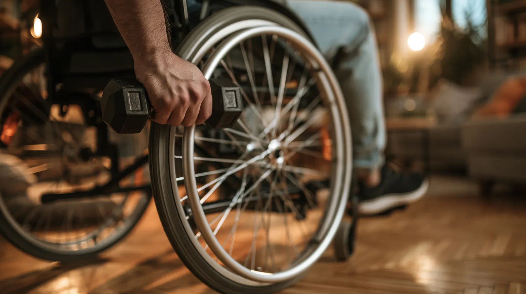 Persona en silla de ruedas sujetando una mancuerna mientras realiza ejercicio físico en un espacio interior.
