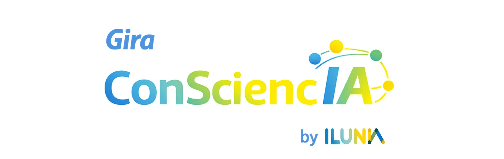 Logotipo de la Gira ConSciencIA by ILUNIA, con el nombre en tonos azul, verde y amarillo y un gráfico de puntos conectados sobre las letras IA.
