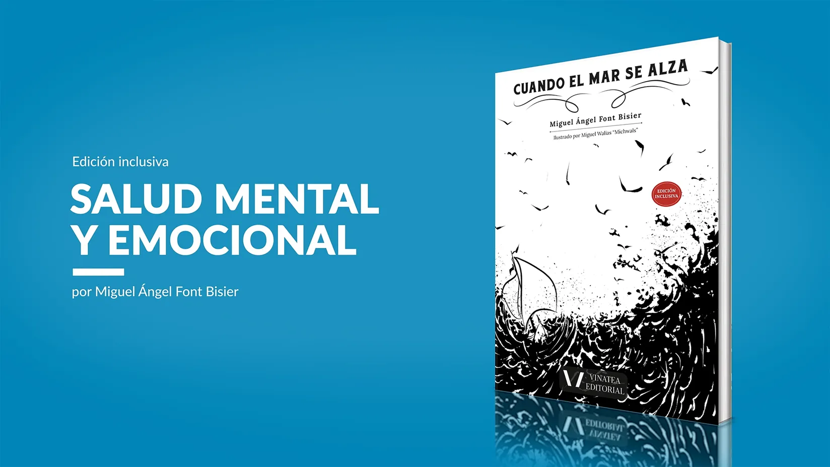 Portada del libro Cuando el mar se alza, edición inclusiva, junto al texto “Salud mental y emocional”, sobre fondo azul.