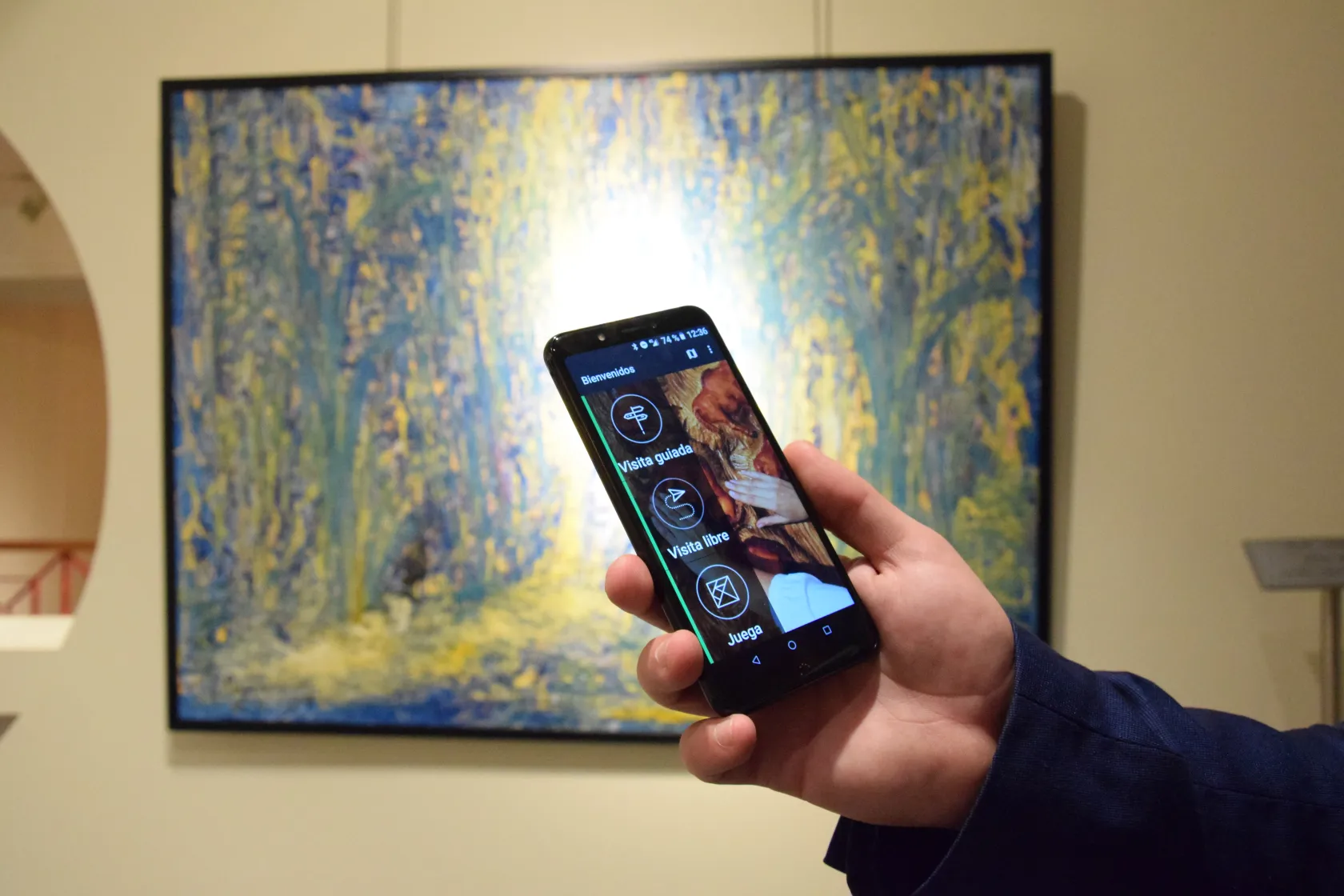 Una mano sostiene la App Amuse Experience frente a un cuadro en un museo 