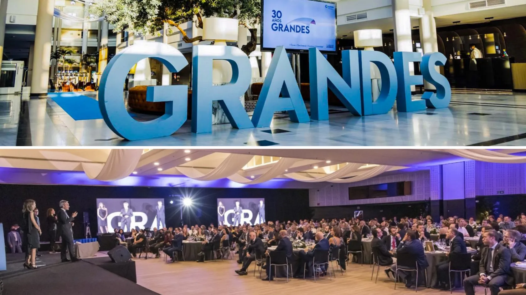Collage fotográfico con dos instantáneas. Arriba, la palabra "Grandes" en letras de gran tamaño colocadas en un hall. Abajo, un momento de la celebración en un salón repleto de gente. 