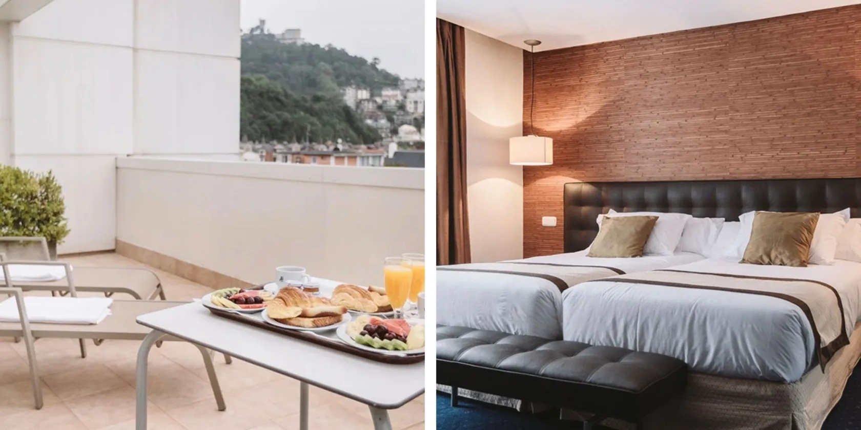 Montaje de dos fotografías, a la izquierda una exterior, a la derecha una de las habitaciones 