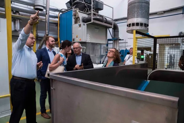 El director de Desarrollo de Negocio Internacional de ILUNION explica al presidente de Workability International, Gerald Davis, detalles de una de las lavanderías del Grupo.