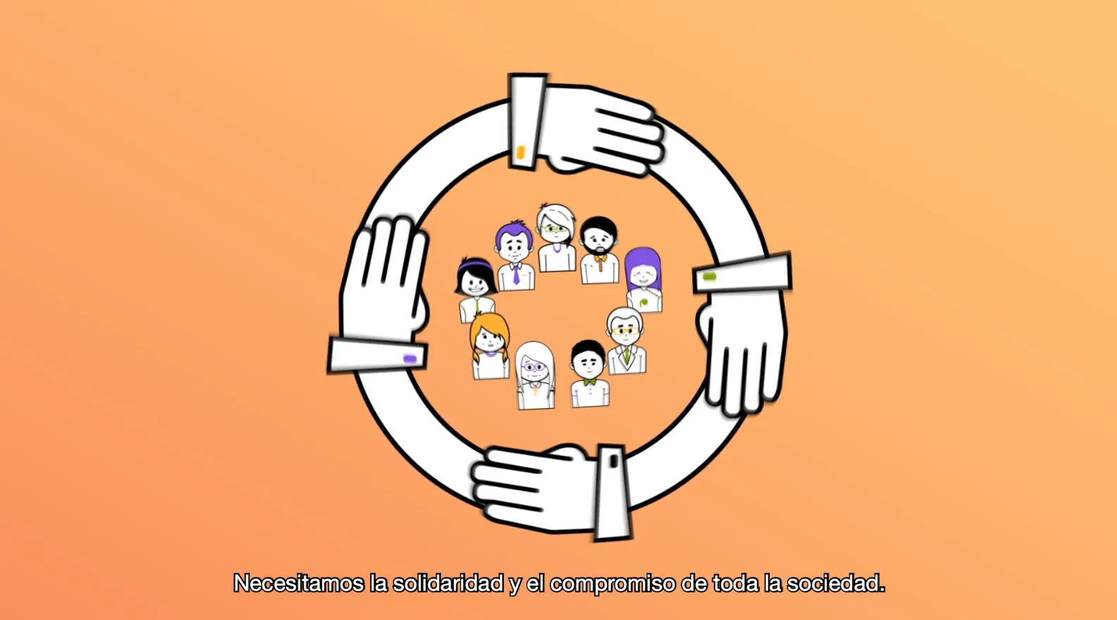 Un dibujo en el que un círculo de brazos rodea a personas distintas. Debajo, la leyenda: "Necesitamos la solidaridad y el compromiso de la sociedad"